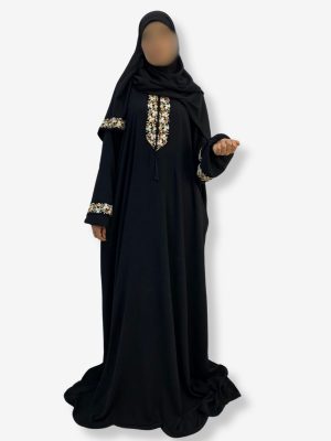 Robe de prière Fatima - Noire Motif Feuillage